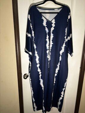 Navy White Tie Dye Kaftan Dress Wide Leg Pants 2 Piece Set Size XL
